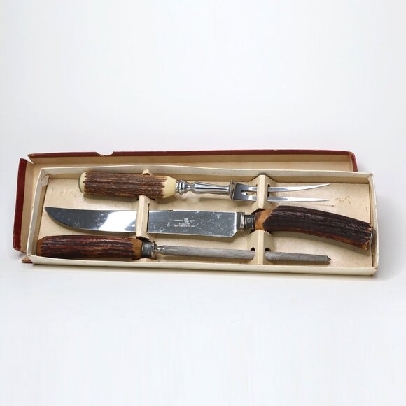 VINTAGE CARVERS SHEFFIELD Staghorn Carving Set  Knife Fork Sharpener Horn Handle - Picture 2 of 12